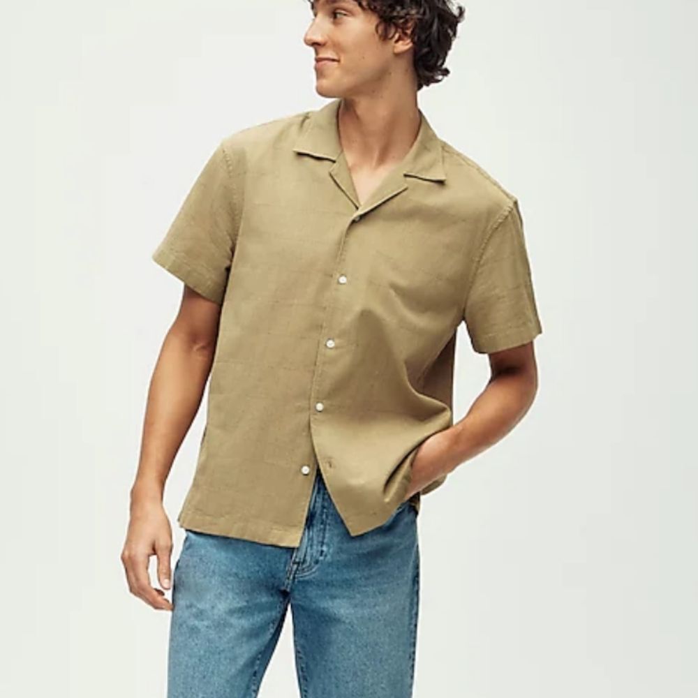 J Crew Short Sleeve Textured Cotton Camp Collar Shirt SP24 Sz XL in Khaki